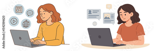 Two individuals engaged in online communication and research at their laptops in a modern workspace