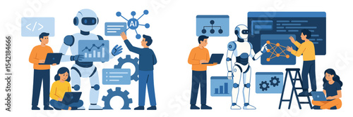 People engaging with artificial intelligence and robotics in a modern workspace environment showcasing collaboration and technology