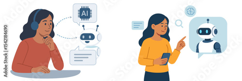 Engaged individuals interacting with conversational AI technology in a modern workspace setting