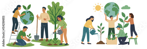 Community members engage in tree planting and eco-friendly activities on a sunny day in the park