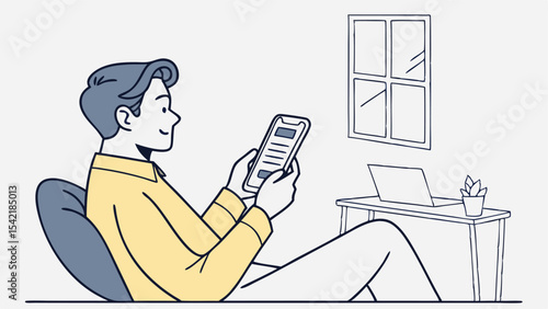 Man relaxing on beanbag chair using smartphone with laptop and plant on desk near window at home