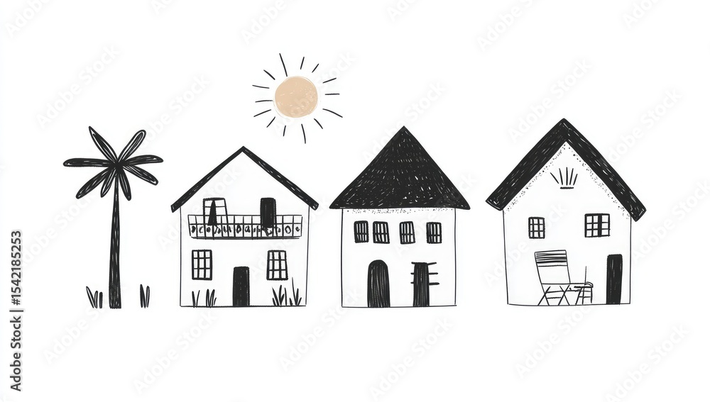 Fototapeta premium Three simple, stylized houses, a palm tree, and sun, in a minimalist design