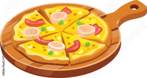 Delicious sliced pizza topped with shrimp and sausage on a wooden board