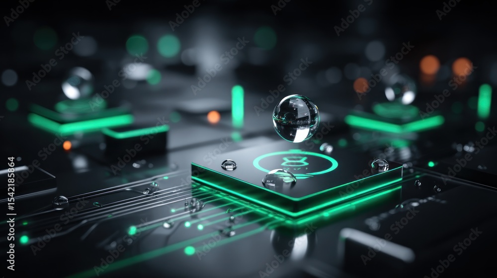 Futuristic circuit board with glowing components and water droplets Futuristic circuit board with glowing components and water droplets