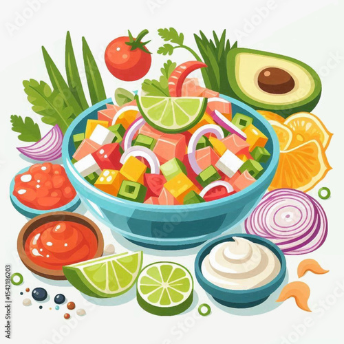 Colorful ceviche cubed fish tomatoes onion avocado lime and condiments