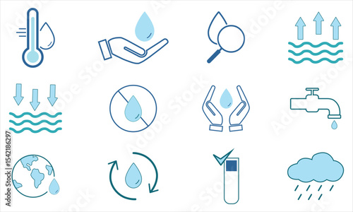 Water conservation and sustainability icon set - Eco-friendly water drop, climate, tap, rain, filtration, and earth symbols - line style vector