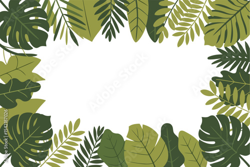 Botanical Frame with Jungle Leaves in Multiple Green Shades Isolated on Transparent Background