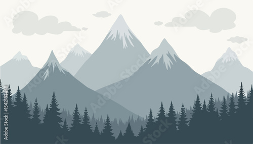 winter landscape with mountains. Landscape of mountain range with pine forest and cloudy sky. Vector illustration of scenery mountain ridge with coniferous forest. Blue jagged mountain panorama 