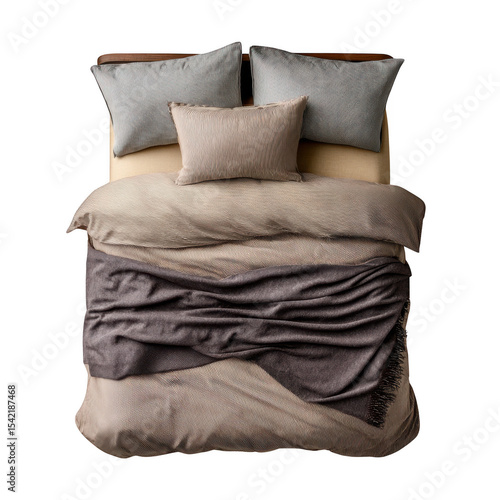 Made bed with beige and gray bedding isolated on transparent background