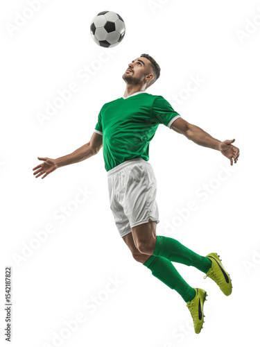 Player in vibrant green jersey performs an impressive jump to head a soccer ball during a competitive match in a dynamic display of skill