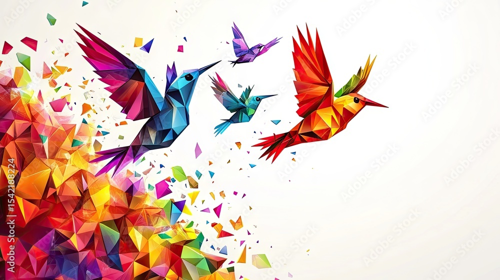 Fototapeta premium Colorful abstract hummingbirds in flight, composed of geometric shapes.