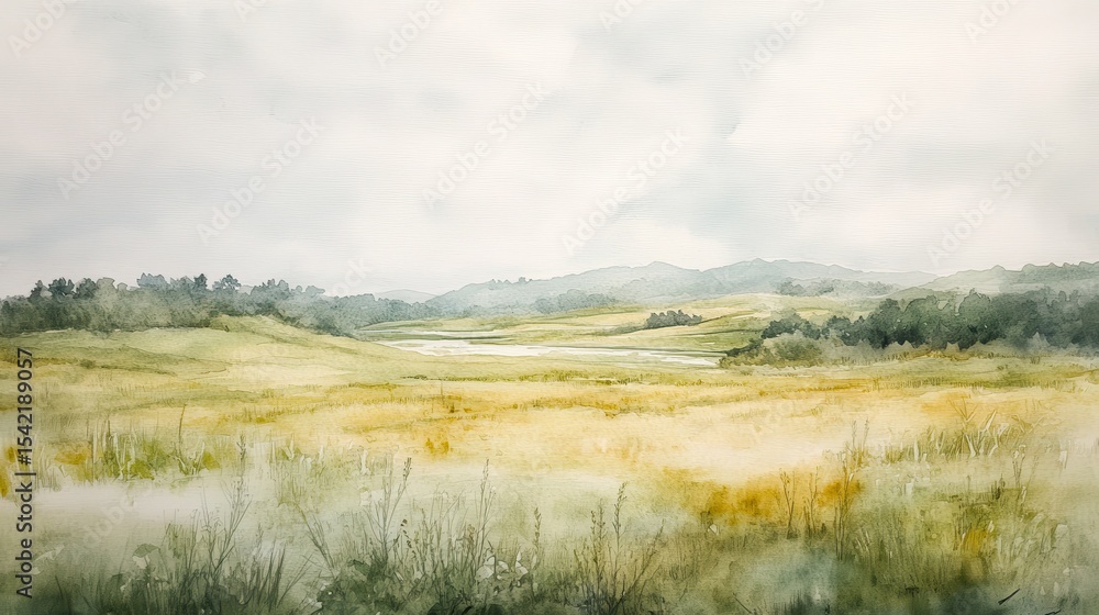 Fototapeta premium Serene Watercolor Landscape with Soft Hills and Misty Sky