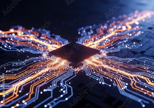 Digital Processor Data Flow. Abstract representation of an advanced central unit with luminous pathways, symbolizing rapid information transfer and artificial intelligence. Perfect for concepts of.