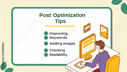 Illustration of post optimization tips with improving keywords adding images checking readability and a person working