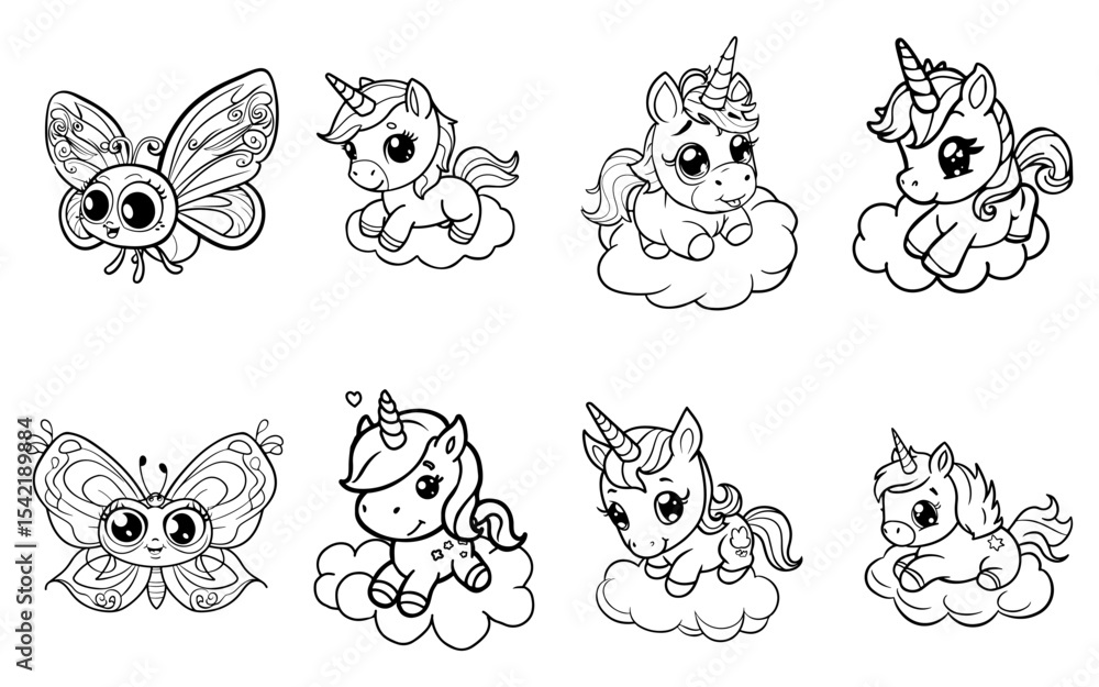 Obraz premium Cute cartoon drawings of two butterflies and six baby unicorns sitting on clouds all in black and white