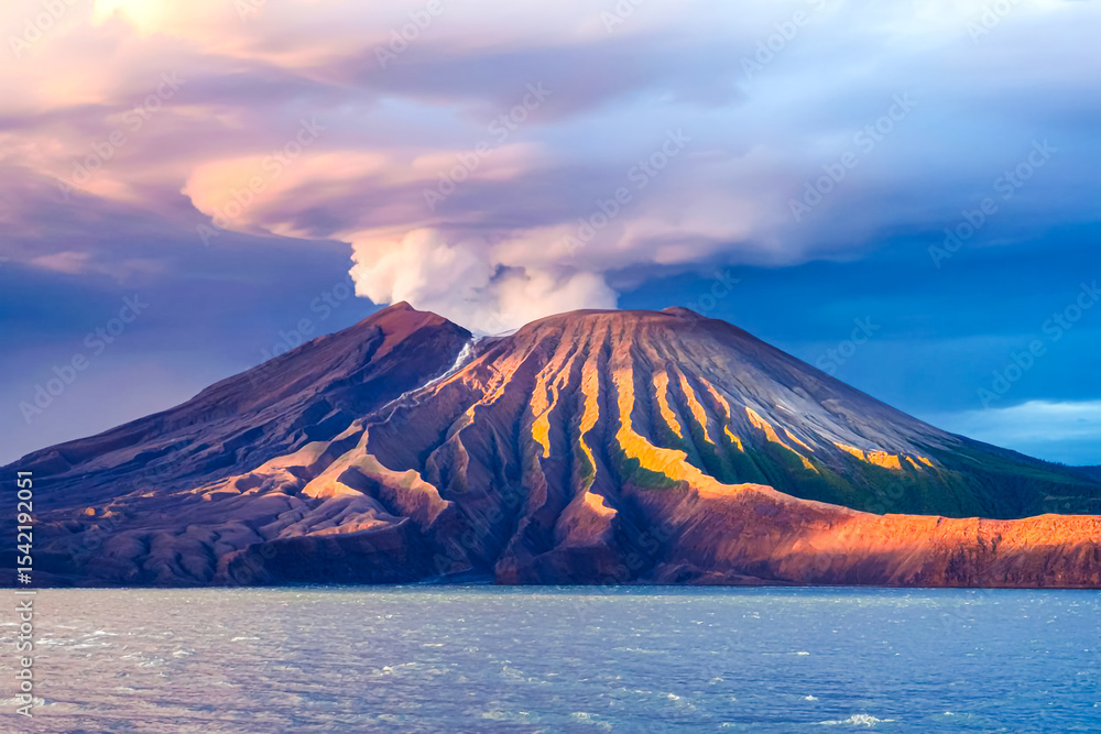 Fototapeta premium Dramatic sunset over a volcanic landscape with smoke plume