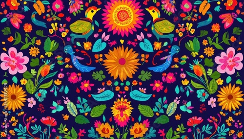 Vibrant floral and bird pattern, symmetrical design on a dark background