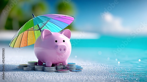 Piggy bank on beach with umbrella