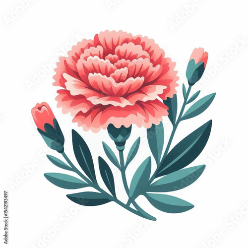 Detailed drawing of pink carnation with teal leaves two unopened buds