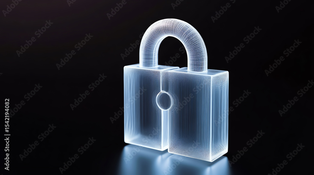 Fototapeta premium A transparent padlock symbolizing security and protection, glowing softly against a dark background for modern digital concepts.
