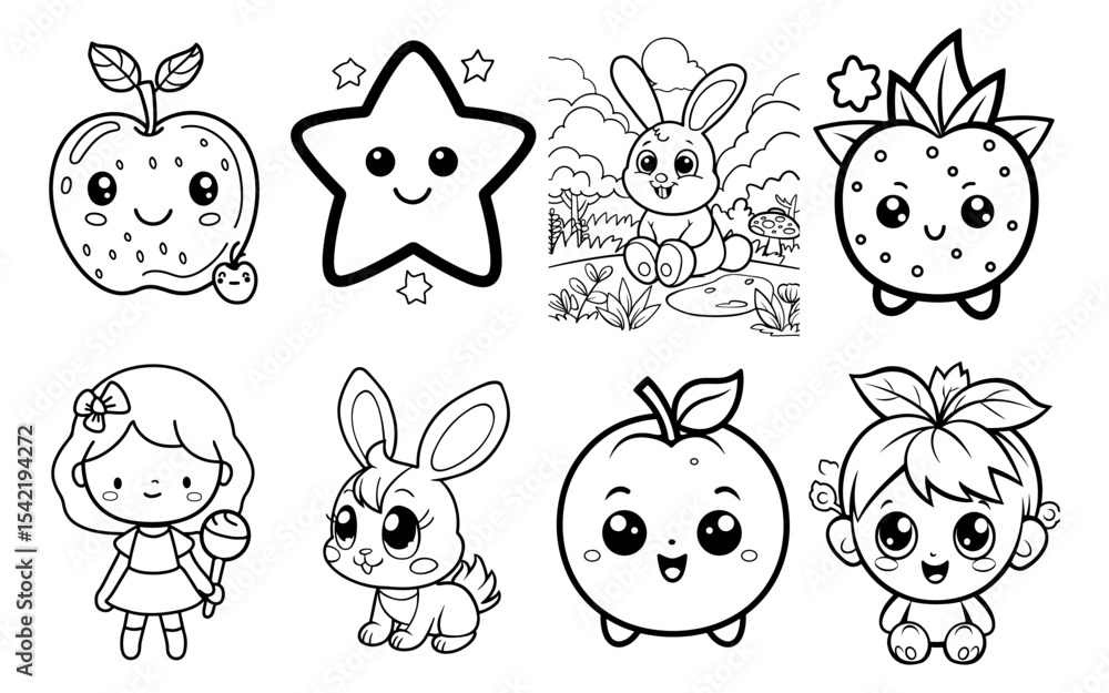 Fototapeta premium Eight cartoon drawings of kawaii figures including apples stars bunnies and little girls arranged in two rows