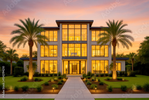 Modern Architecture Shines at Dusk in a Stylish House Surrounded by Palm Trees and Gardens in a Serene Neighborhood