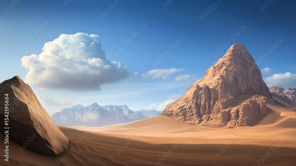 Naklejka premium Breathtaking desert view featuring vibrant mountains and serene clouds against a clear blue sky for nature lovers and explorers.