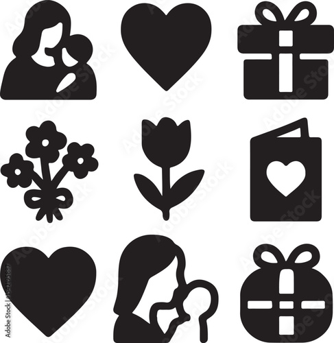 Minimalist Motherhood & Love Icons – Mom Holding Child, Heart Balloon, Gifts, Candle, Cake, Flowers, Envelope – Clean Black Silhouettes for Family, Holiday, and Lifestyle Graphics