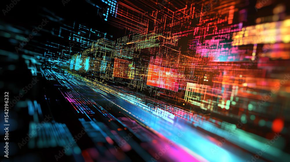 Dynamic abstract representation of digital data in vibrant colors and patterns, symbolizing modern technology and innovation. Dynamic abstract representation of digital data in vibrant colors and patterns, symbolizing modern technology and innovation.