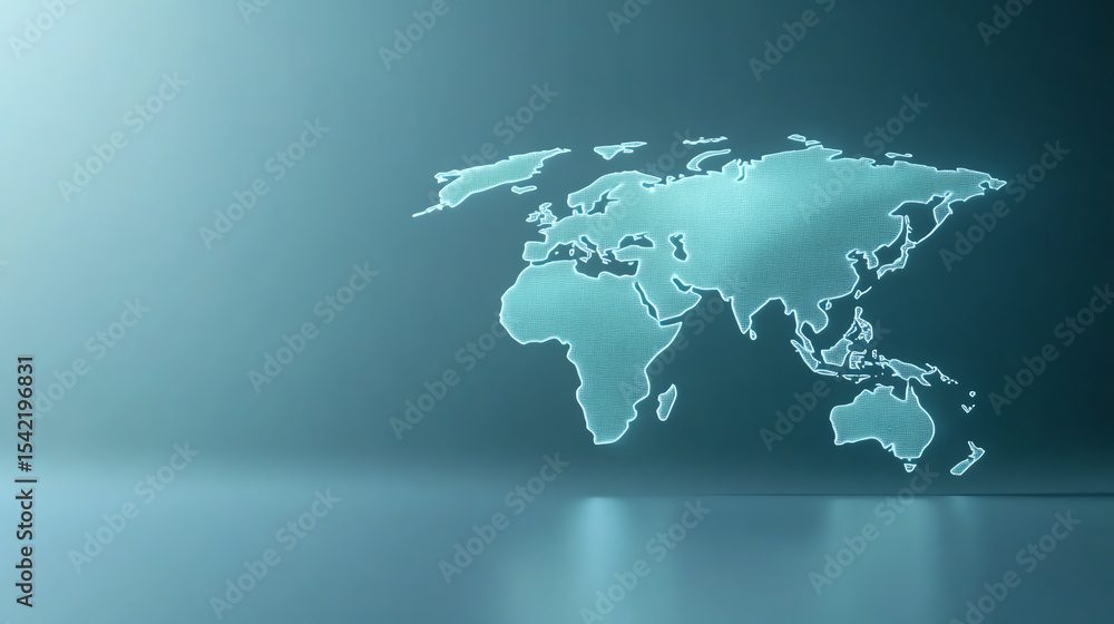 Naklejka premium Stylized world map design in a serene blue atmosphere showcasing global connectivity and innovation.