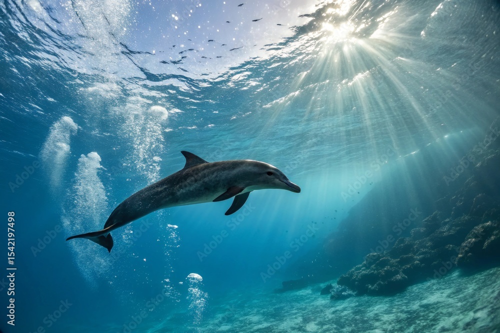 Obraz premium Graceful Dolphin Swimming Beneath Water Surface in Tropical Ocean, Captured from Low Angle Perspective