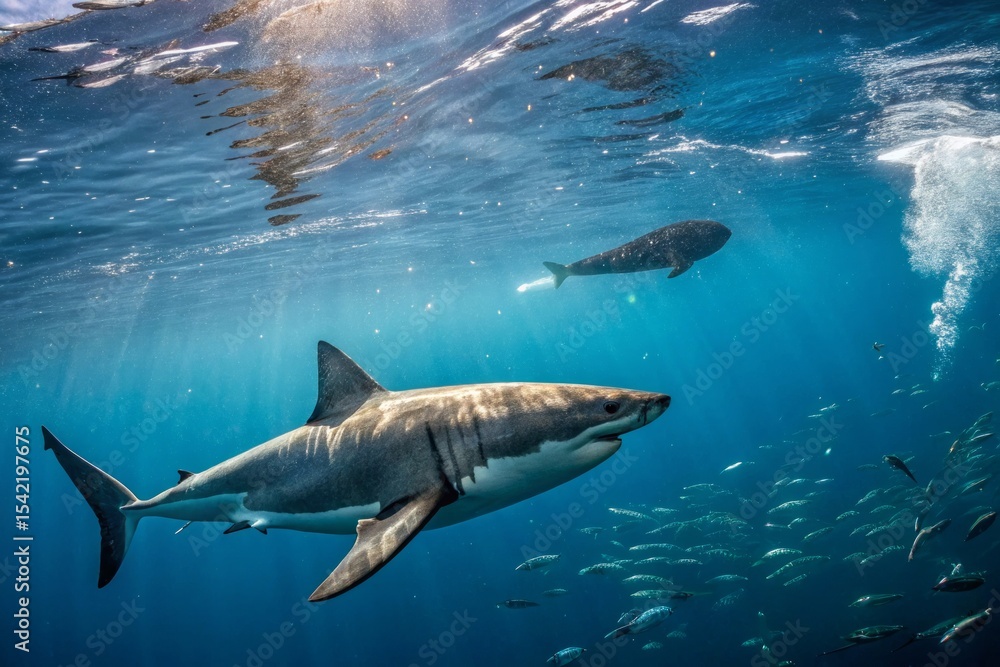 Fototapeta premium Great White Shark Circling Seal in Deep Blue Ocean - Action Shot Underwater