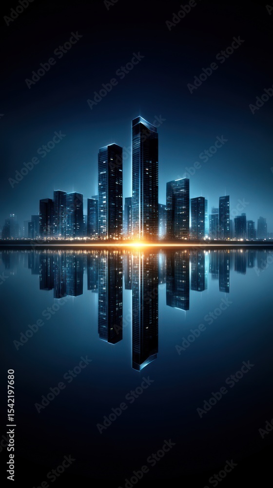 Fototapeta premium Futuristic city reflected in calm water at night