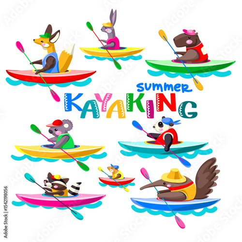 Various Adorable Animals Kayaking. Summer Activity and Contemporary Sport Theme. Manually Created Children’s Illustration, No AI