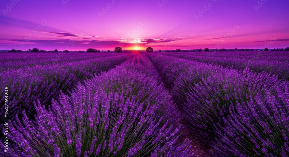 Obraz premium The Beautiful Purple Lavender Field during Sunset with Purple Sky