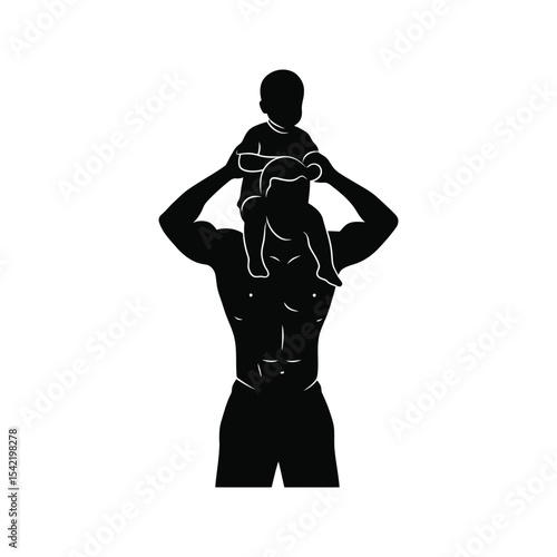 Muscular father silhouette strong dad holding baby on shoulders family love parenting fatherhood image