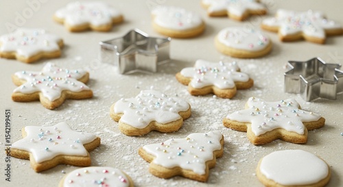 White Christmas Cookies and Cutters on Floury Surface