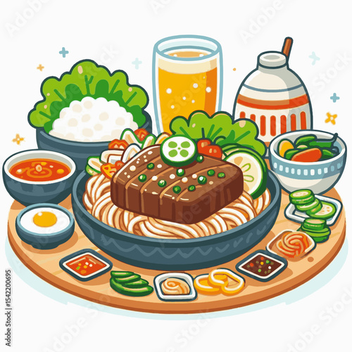 Food illustration shows a meal platter with noodles steak sides drink sauces on a wooden board