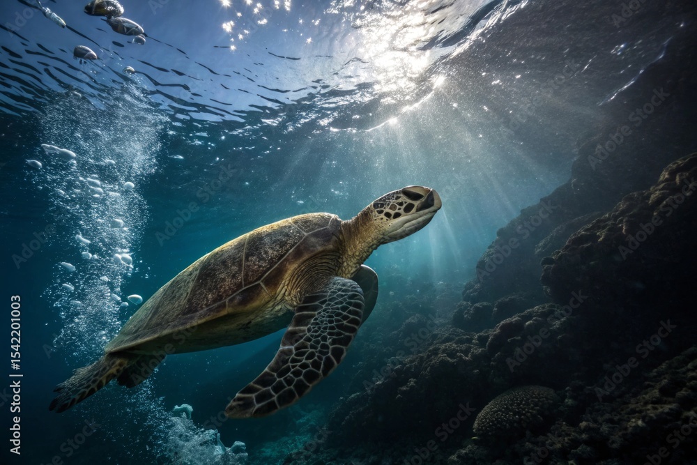 Fototapeta premium Sea Turtle Gliding Through Crystal Clear Waters, Ocean Floor, Photograph, Natural Light, Front View, Marine Life