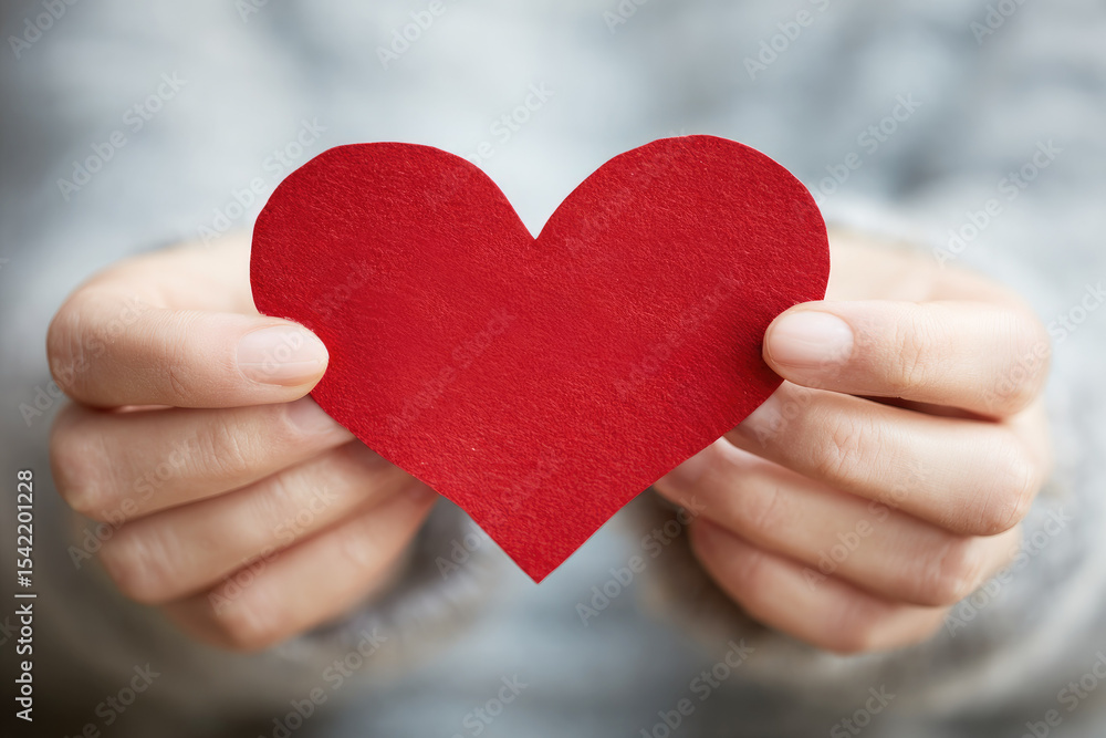 Red paper heart held by two adult hands, symbolizing love, care, and family connection, with soft, cozy background creating warm and affectionate mood Red paper heart held by two adult hands, symbolizing love, care, and family connection, with soft, cozy background creating warm and affectionate mood