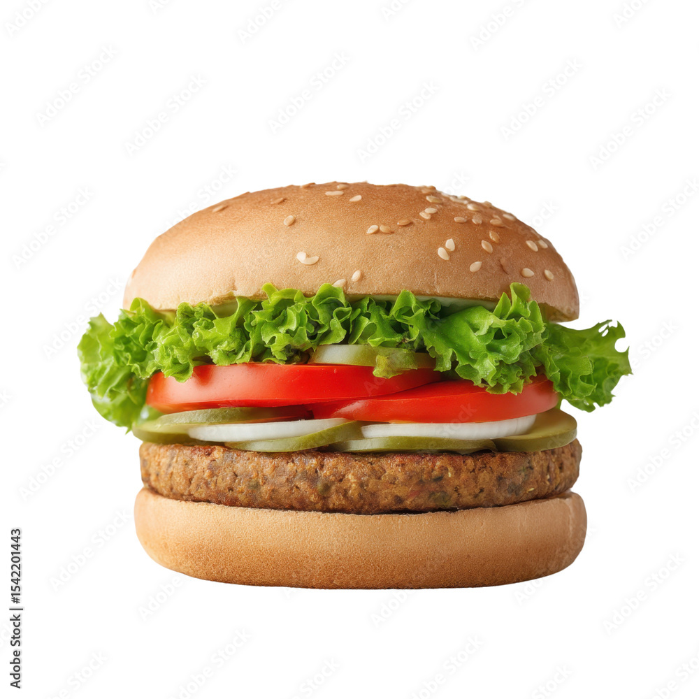Freshly Made Hamburger with Lettuce, Tomato, Pickles, and Sesame Seed Bun Isolated on White Background Transparent background or png Freshly Made Hamburger with Lettuce, Tomato, Pickles, and Sesame Seed Bun Isolated on White Background Transparent background or png