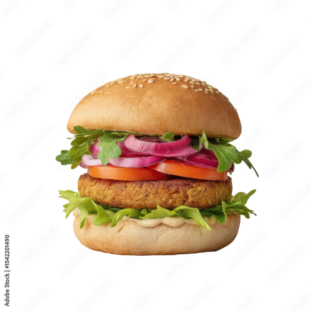 Fresh and Delicious Vegetable Burger with Sesame Seed Bun and Colorful Toppings on Isolated Background Transparent background or png Fresh and Delicious Vegetable Burger with Sesame Seed Bun and Colorful Toppings on Isolated Background Transparent background or png