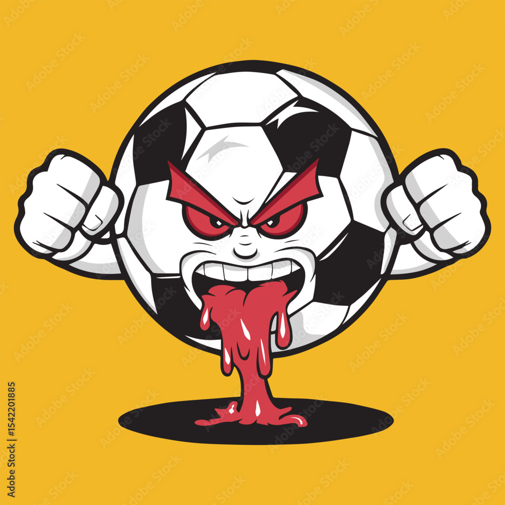 Angry Soccer Ball Cartoon with Red Eyes and Dripping Mouth. Angry Soccer Ball Cartoon with Red Eyes and Dripping Mouth.