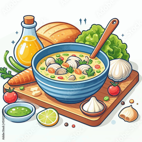 Food stilllife mushroom soup in a blue bowl with vegetables on a wooden board