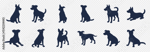Dog silhouettes vector illustration featuring various breeds, including small and large dogs in different poses. Perfect for graphic design, pet branding, and creative projects.
