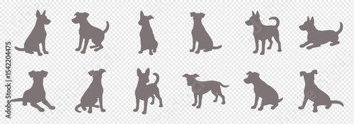 Dog silhouettes vector illustration featuring various breeds, including small and large dogs in different poses. Perfect for graphic design, pet branding, and creative projects.