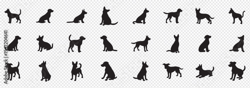 Dog silhouettes vector illustration featuring various breeds, including small and large dogs in different poses. Perfect for graphic design, pet branding, and creative projects.