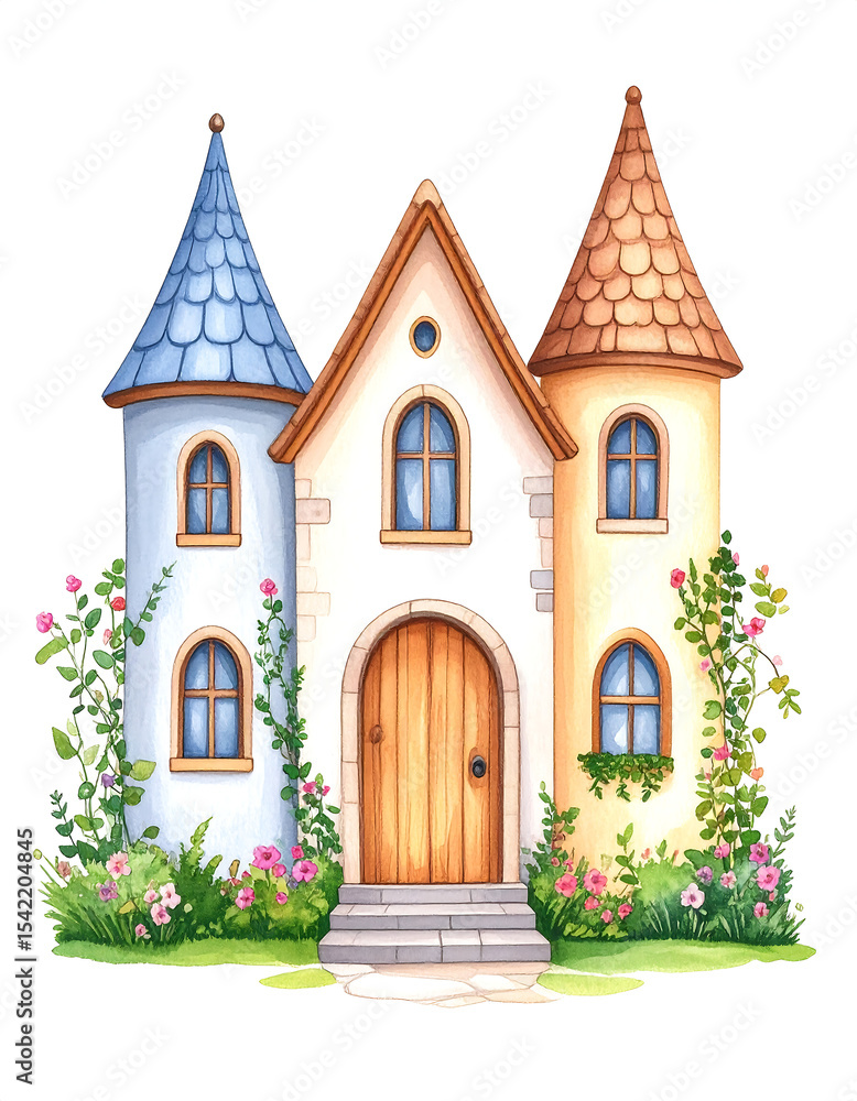 Fototapeta premium Twin Tower Fantasy Cottage – Fairytale Blue and Brown Roof Home