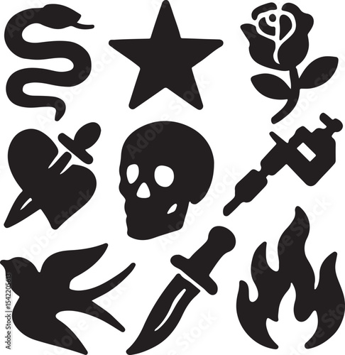 Traditional tattoo icon set in black silhouette style featuring classic symbols such as skull, bird, heart, rose, cross, ink bottle, and more for design and illustration projects.

