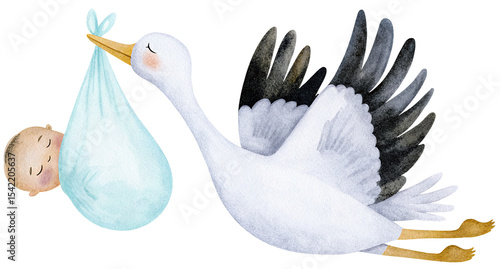 Tableau sur toile Watercolor stork carrying newborn baby boy on transparent background